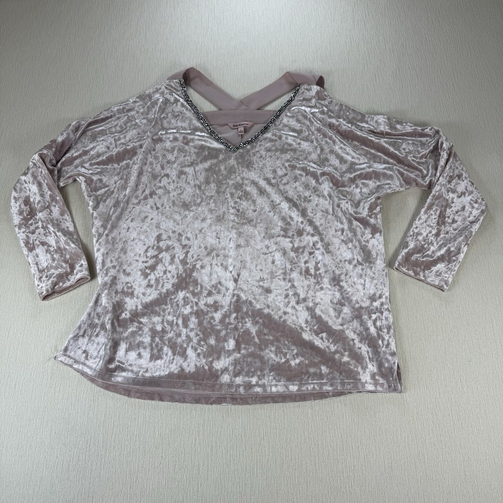 Juicy Couture‎ Pink Crushed Velvet Top L Cold Shoulder Long Sleeve Bling V Neck
